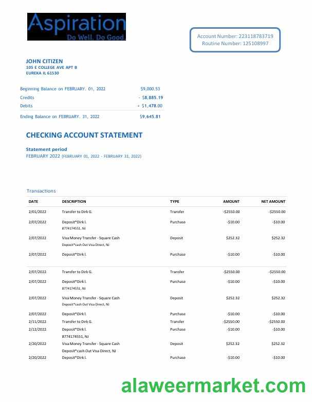 USA Aspiration bank statement Word and PDF template, 2 pages